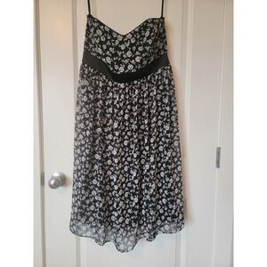 White House Black Market Floral Strapless Midi Dress Black White Rose Size 14